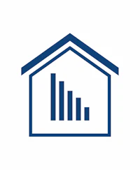 a blue house icon with a bar graph
